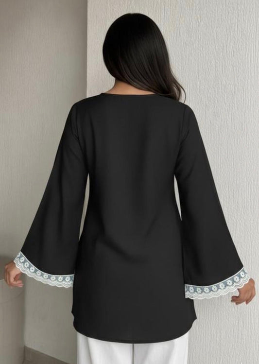 Black Bell Sleeve Short Kurti with White Lace Detail - BUSHIBUSHI