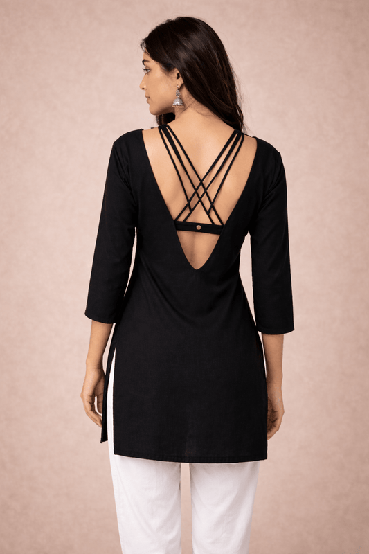 Premium padded Black Cotton Kurti - Deep Neck & Designer Back Style - BUSHIBUSHI