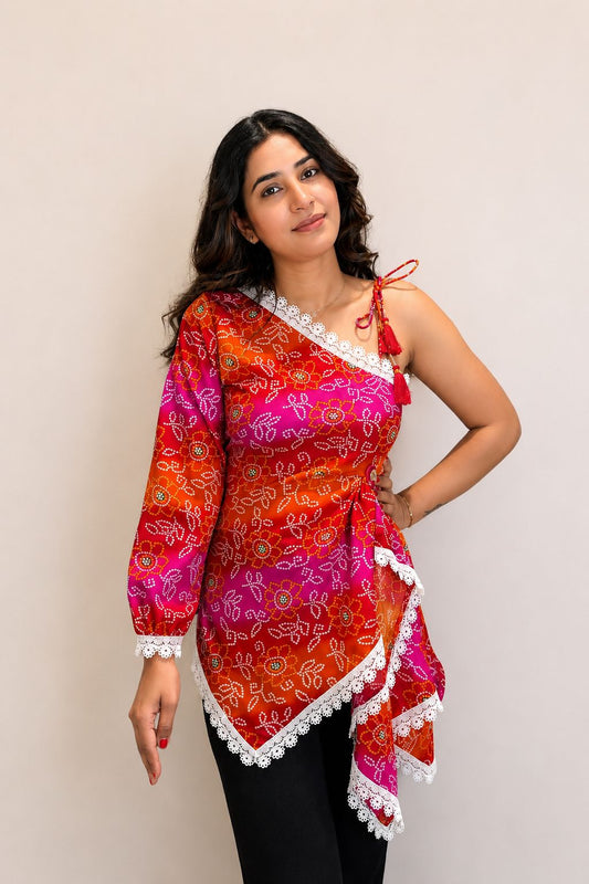 Trendy Asymmetric Bandhani Short Kurti For Women - BUSHIBUSHI