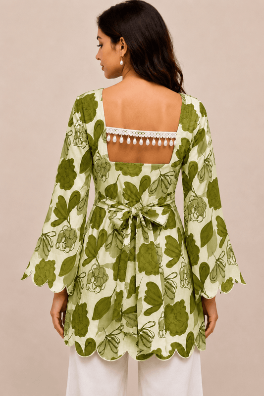 Womenโs Designer Floral Tunic bow Tie back pattern kurti with Scalloped Border - BUSHIBUSHI