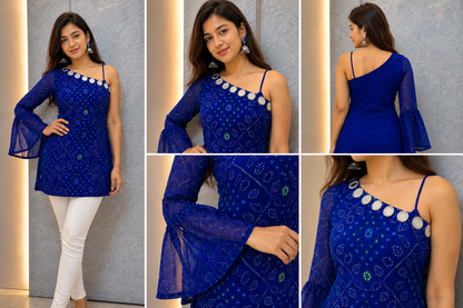 Designer Bandhani Georgette Kurti with Crop Top blouse | Party Wear Kurti for Girls