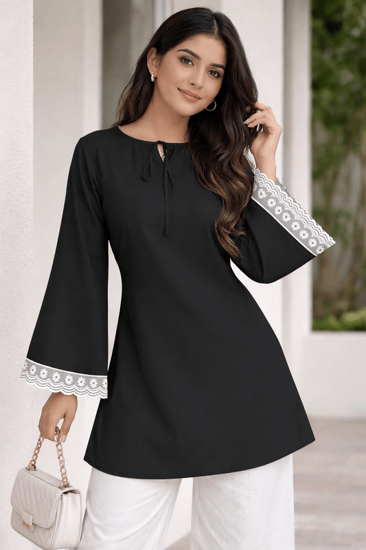 Black Bell Sleeve Short Kurti with White Lace Detail - BUSHIBUSHI