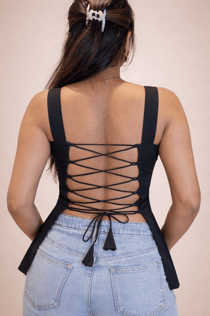 Black Open Back Lace - Up Designer Kurti - BUSHIBUSHI