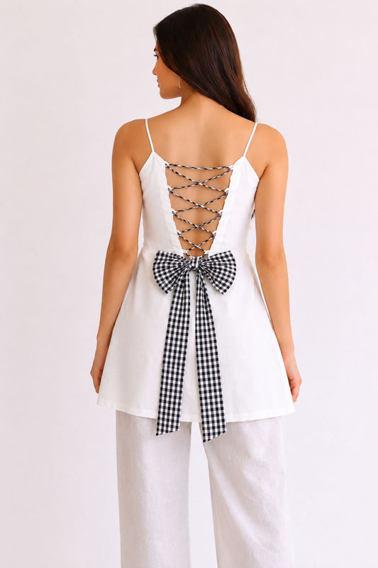 Elegant Linen Tie - Back Short Kurti - BUSHIBUSHI