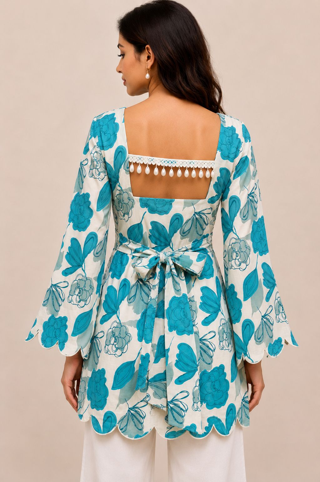 Floral Printed Short Kurti for Women with Scallop Hem & Back Cut Design - BUSHIBUSHI