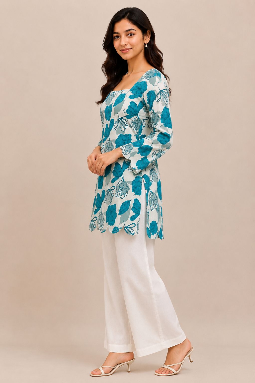 Floral Printed Short Kurti for Women with Scallop Hem & Back Cut Design - BUSHIBUSHI