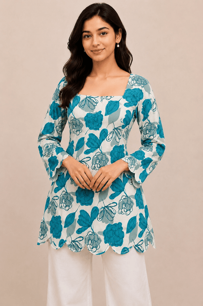 Floral Printed Short Kurti for Women with Scallop Hem & Back Cut Design - BUSHIBUSHI