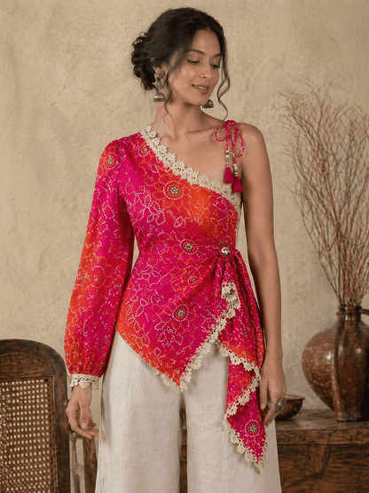 Trendy Asymmetric Bandhani Short Kurti For Women - BUSHIBUSHI