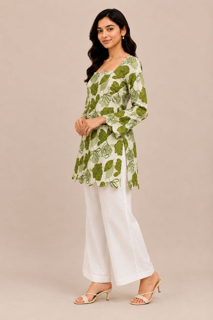 Women’s Designer Floral Tunic bow Tie back pattern kurti with Scalloped Border - BUSHIBUSHI
