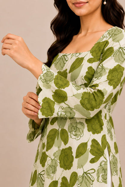 Women’s Designer Floral Tunic bow Tie back pattern kurti with Scalloped Border - BUSHIBUSHI