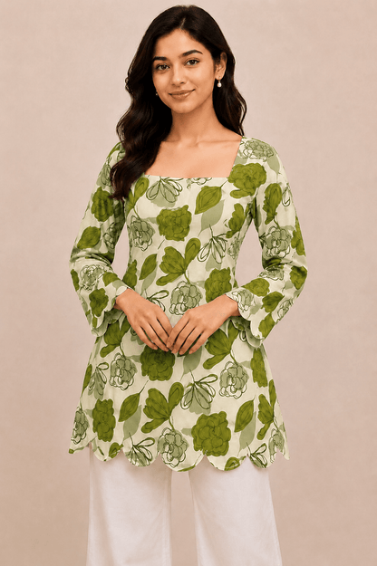 Women’s Designer Floral Tunic bow Tie back pattern kurti with Scalloped Border - BUSHIBUSHI