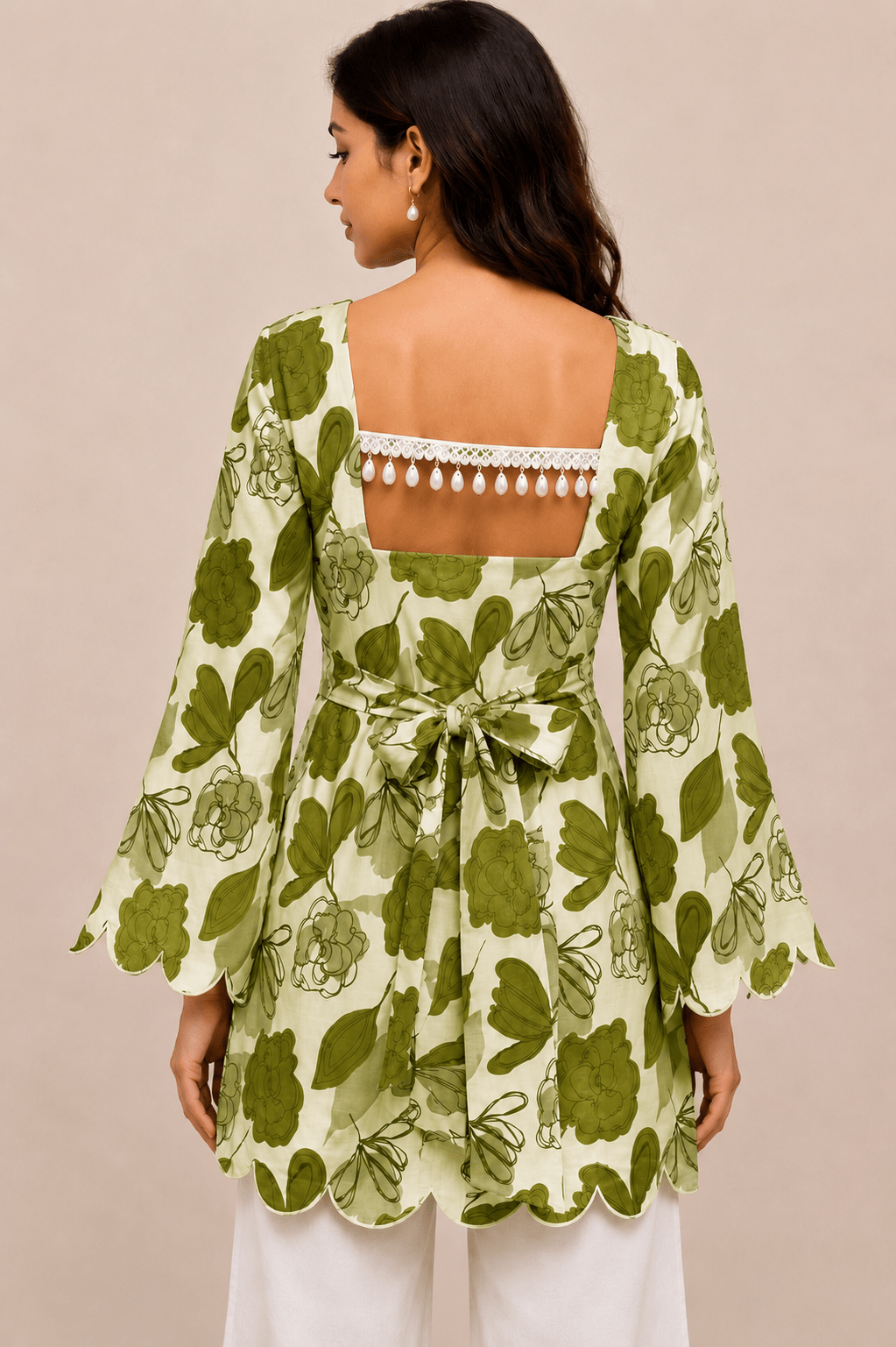 Women’s Designer Floral Tunic bow Tie back pattern kurti with Scalloped Border - BUSHIBUSHI