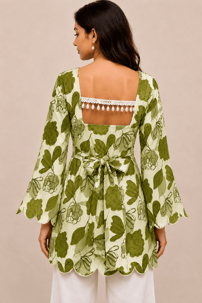 Women’s Designer Floral Tunic bow Tie back pattern kurti with Scalloped Border - BUSHIBUSHI